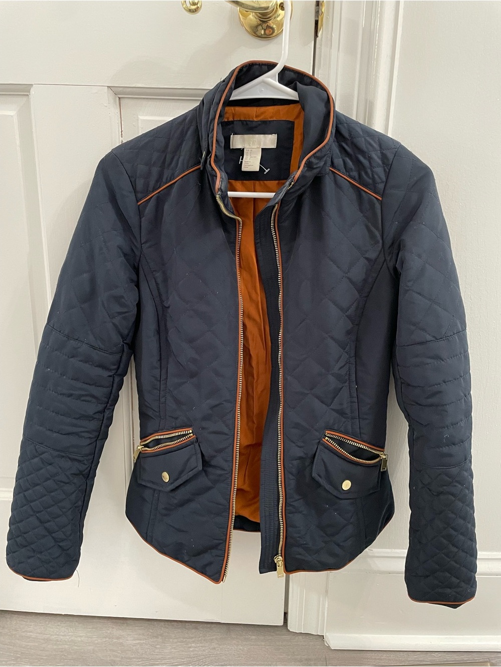 H&M Quilted Navy Puffer Jacket with Rust Trim